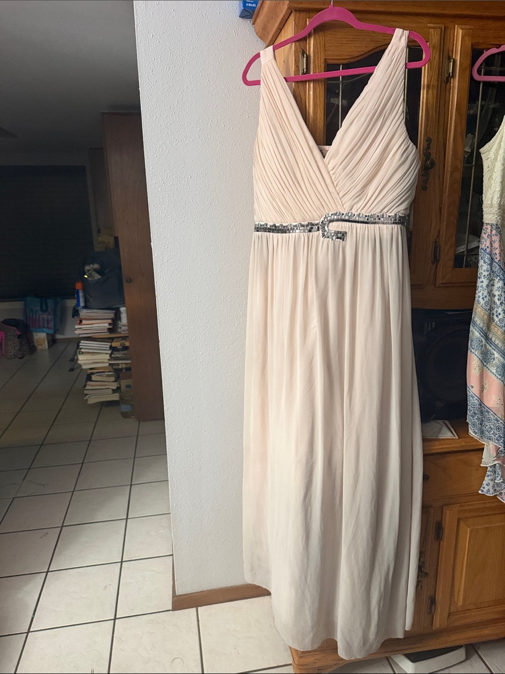 Blush Pink V-Neck Maxi Dress with Embellished Waist